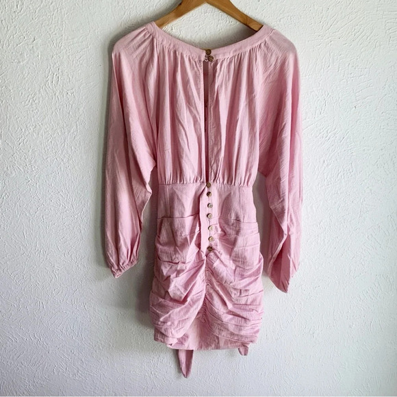 Free People Free-est The Only One Mini Dress Solid Pink Ruched Cotton Sz XS - Picture 4 of 8